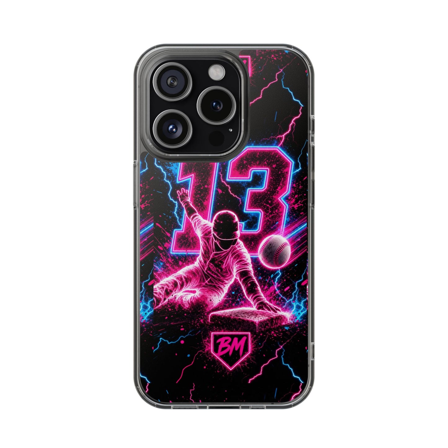 Neon Baseball #13 Magnetic Clear Phone Case — Impact‑Resistant, Retro Vaporwave Design