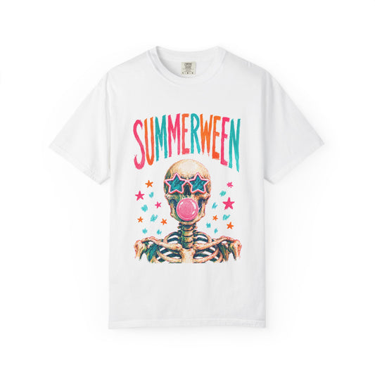 Summerween Skeleton T-Shirt — Retro Neon Skull with Bubblegum & Star Sunglasses