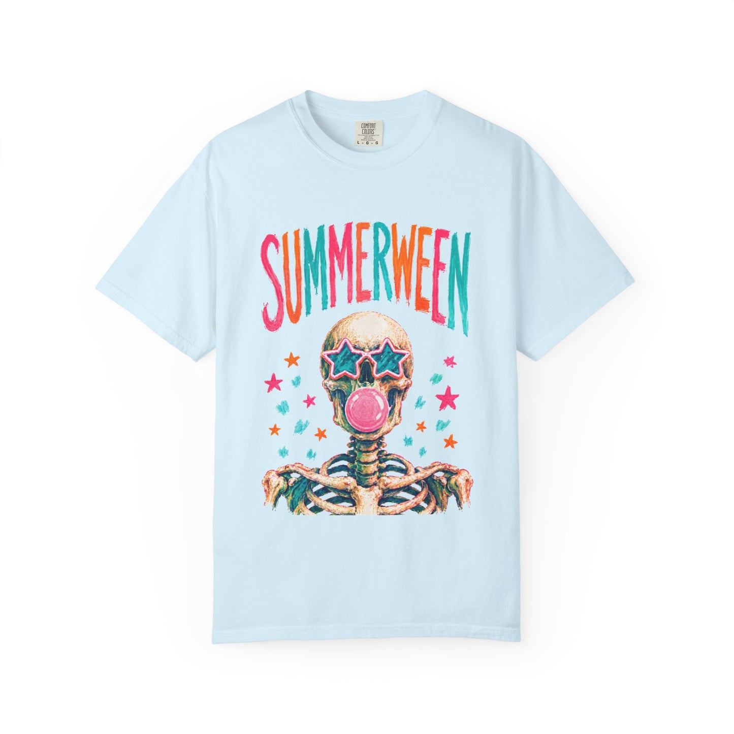 Summerween Skeleton T-Shirt — Retro Neon Skull with Bubblegum & Star Sunglasses