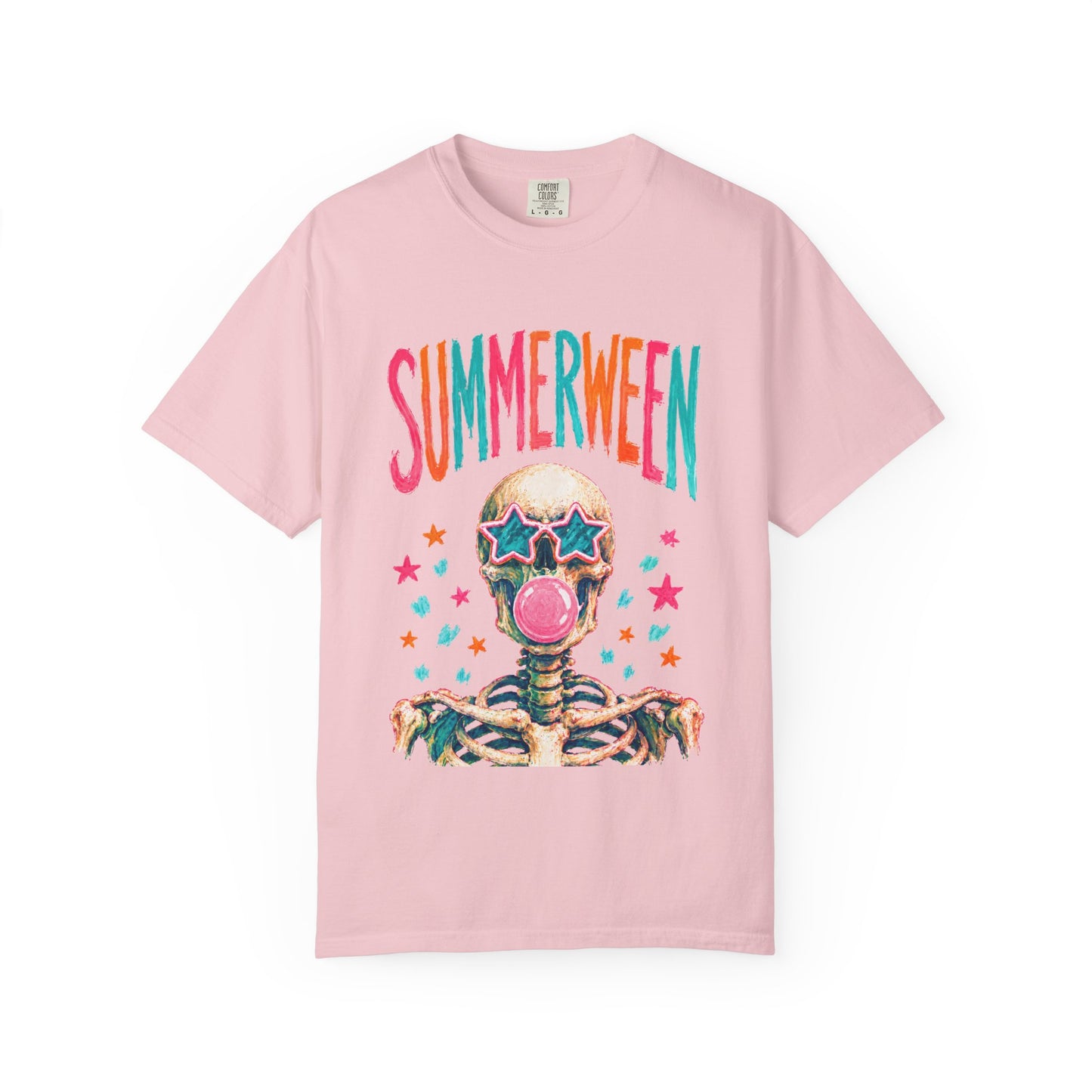 Summerween Skeleton T-Shirt — Retro Neon Skull with Bubblegum & Star Sunglasses