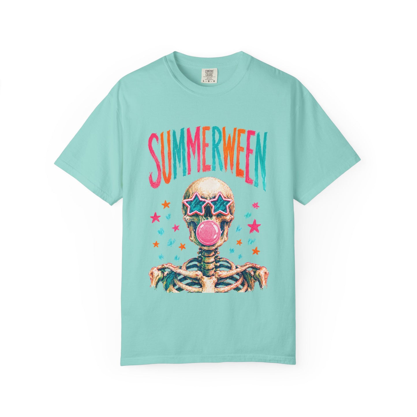 Summerween Skeleton T-Shirt — Retro Neon Skull with Bubblegum & Star Sunglasses