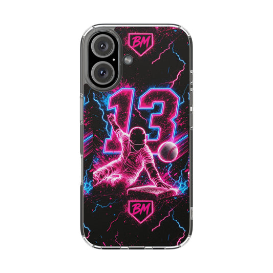 Neon Baseball #13 Magnetic Clear Phone Case — Impact‑Resistant, Retro Vaporwave Design
