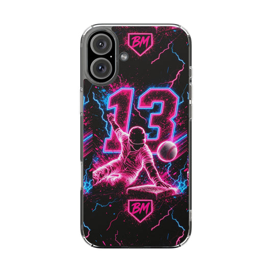 Neon Baseball #13 Magnetic Clear Phone Case — Impact‑Resistant, Retro Vaporwave Design