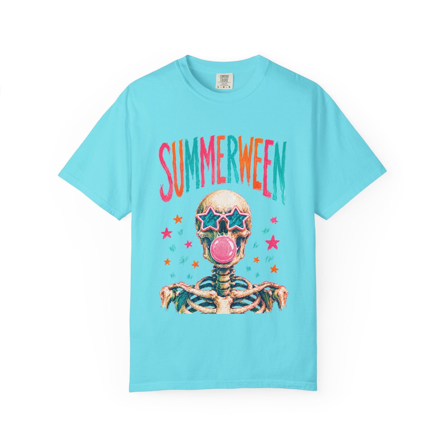 Summerween Skeleton T-Shirt — Retro Neon Skull with Bubblegum & Star Sunglasses