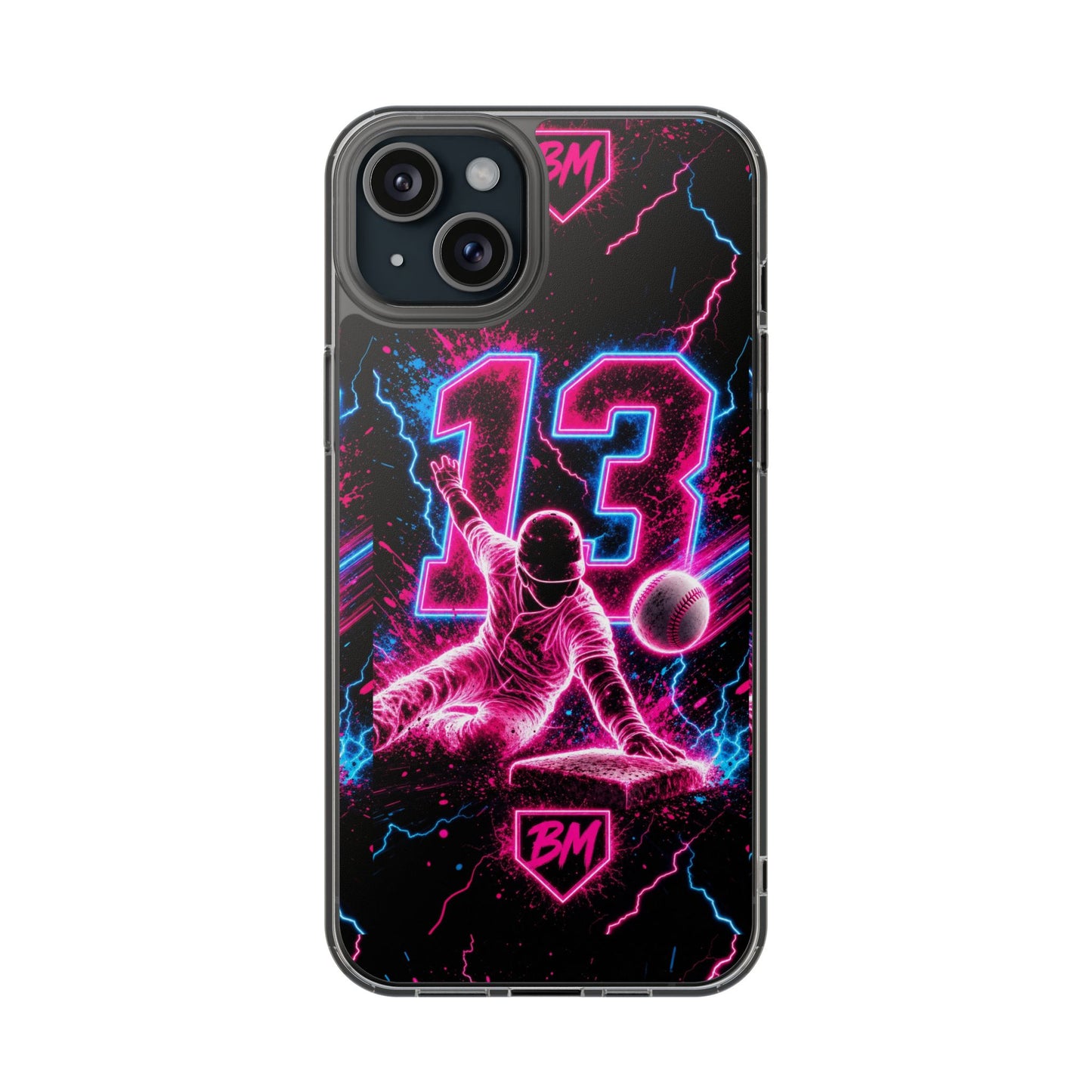 Neon Baseball #13 Magnetic Clear Phone Case — Impact‑Resistant, Retro Vaporwave Design