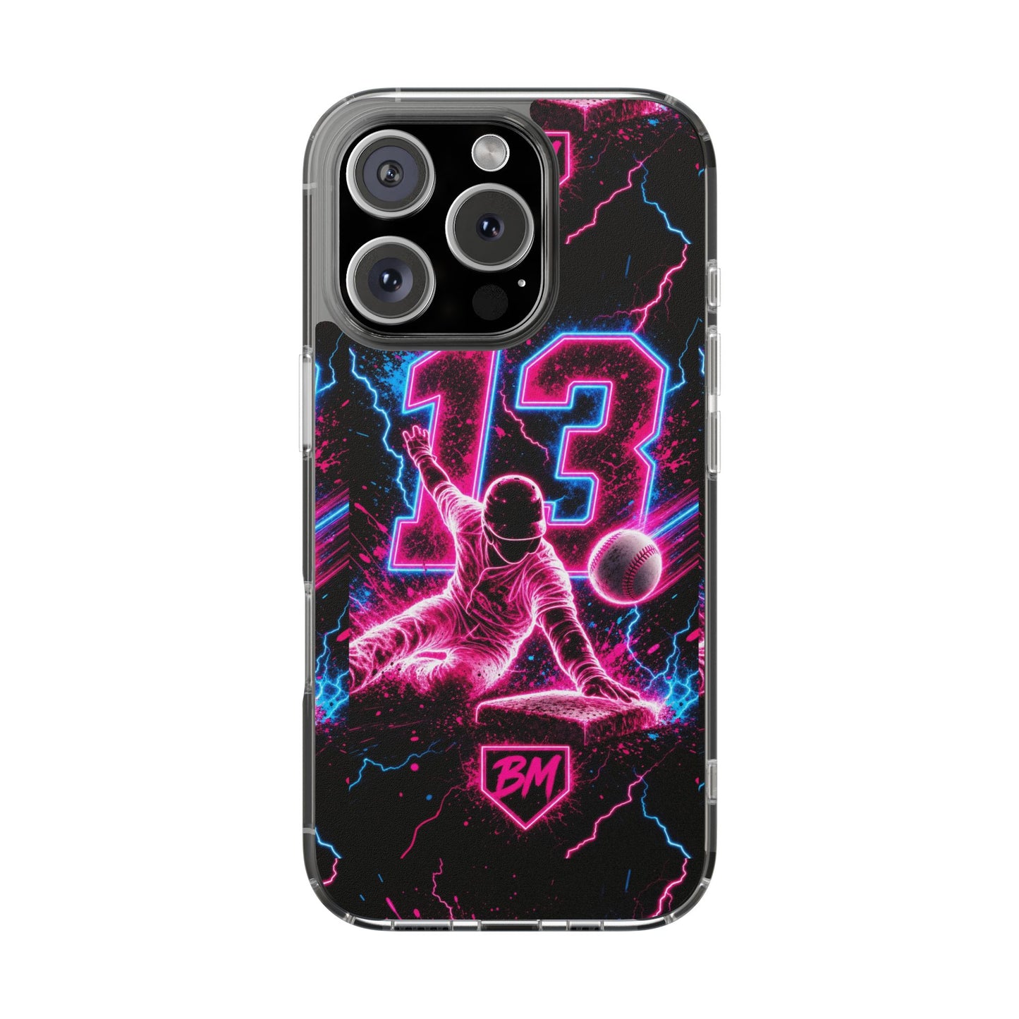 Neon Baseball #13 Magnetic Clear Phone Case — Impact‑Resistant, Retro Vaporwave Design
