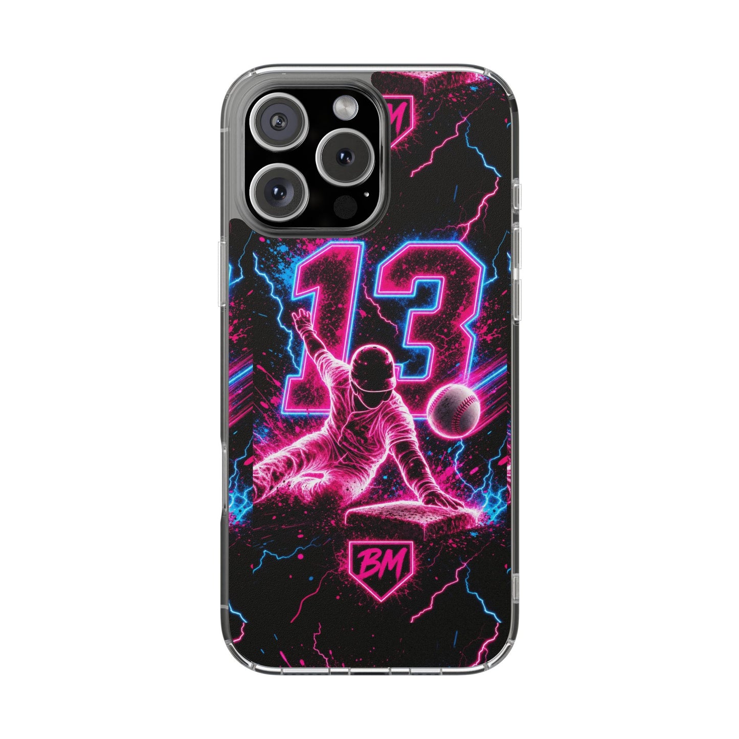 Neon Baseball #13 Magnetic Clear Phone Case — Impact‑Resistant, Retro Vaporwave Design