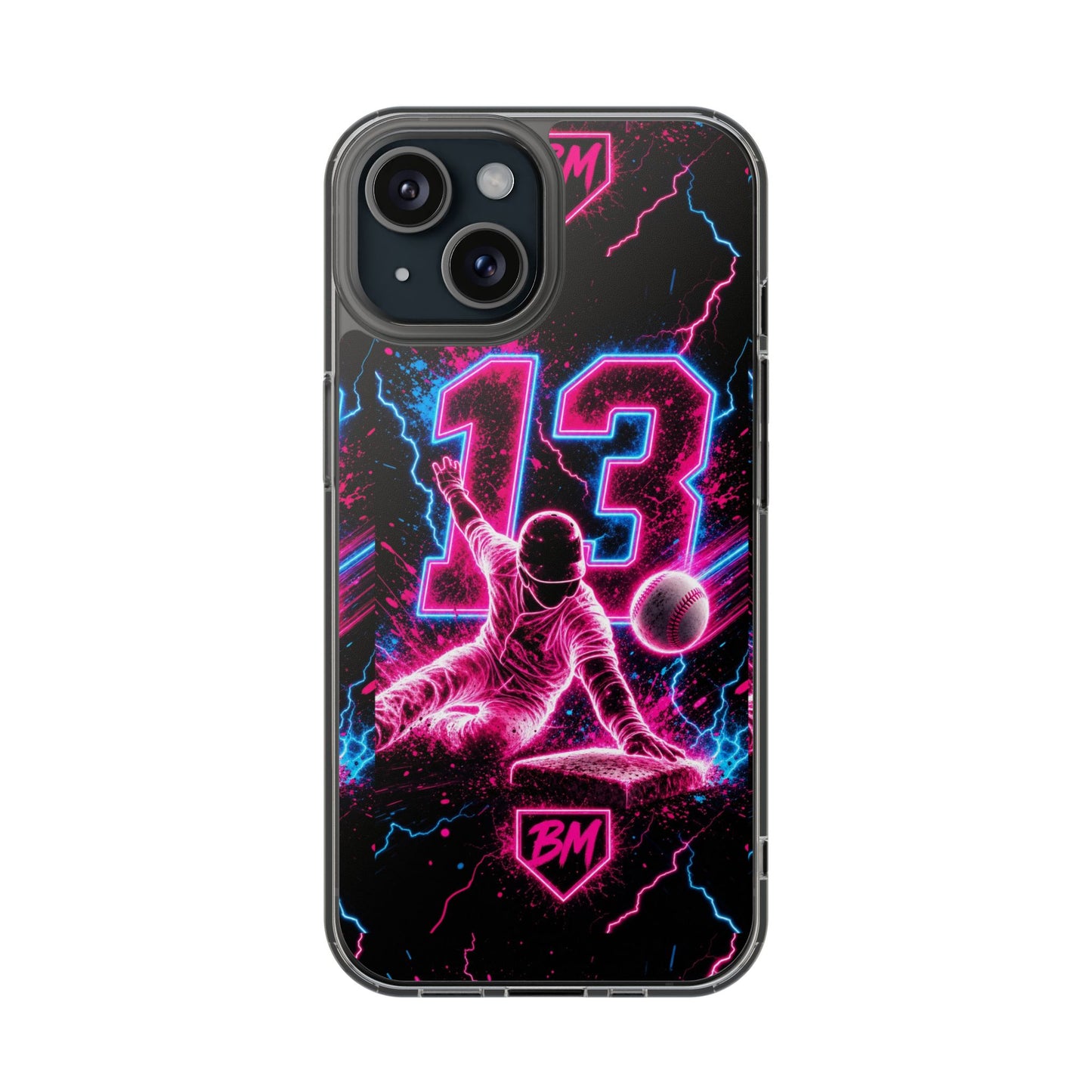 Neon Baseball #13 Magnetic Clear Phone Case — Impact‑Resistant, Retro Vaporwave Design